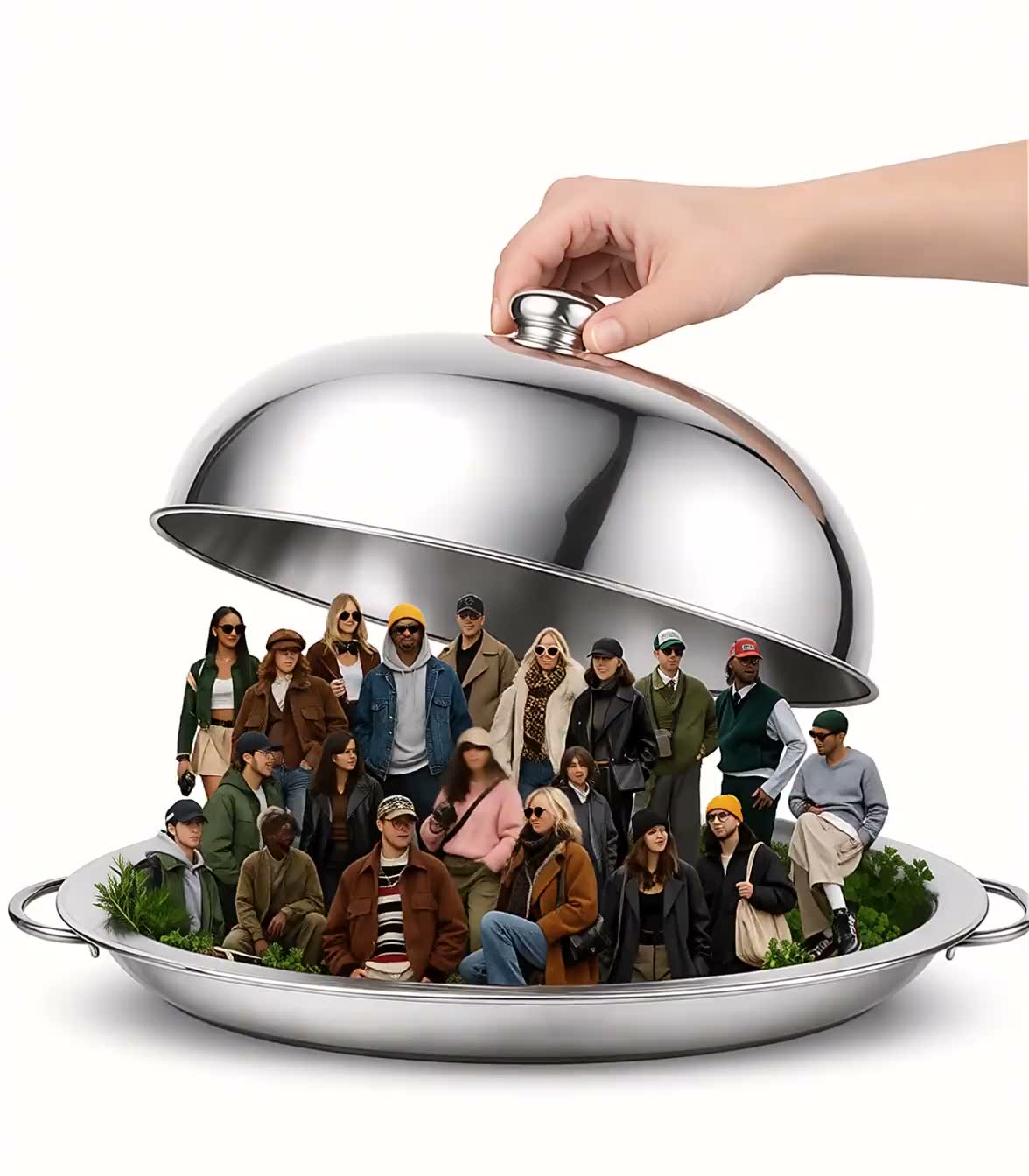 Una cloche d’argento svela un gruppo di persone